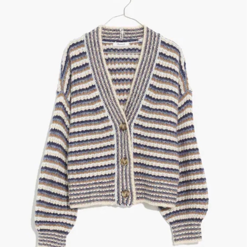 Madewell Waller Crop Cardigan Sweater Stripe Fuzzy Chunky Wool Blend XS
